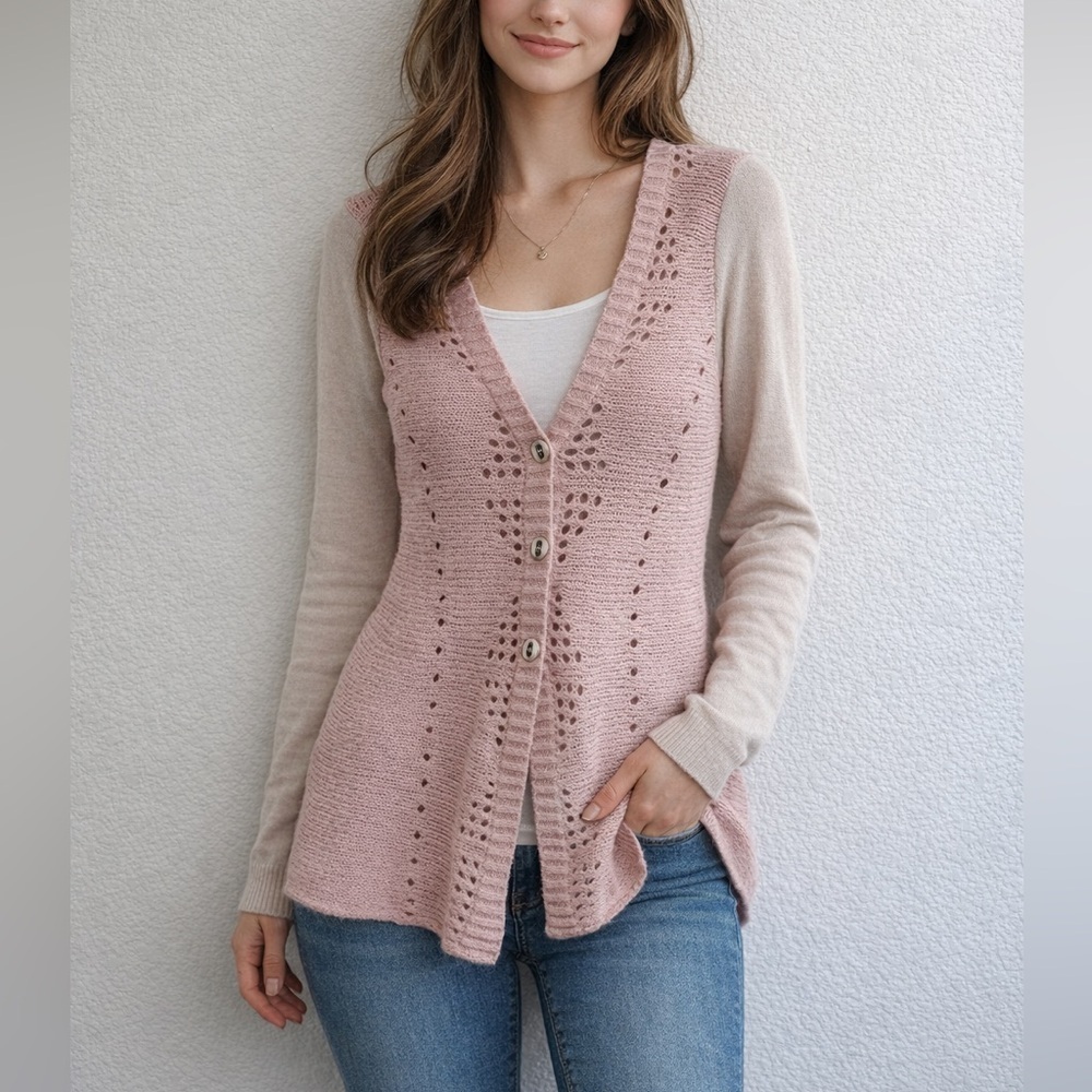 Free People Light Pink Button-Up Wool Pinwheel cardigan